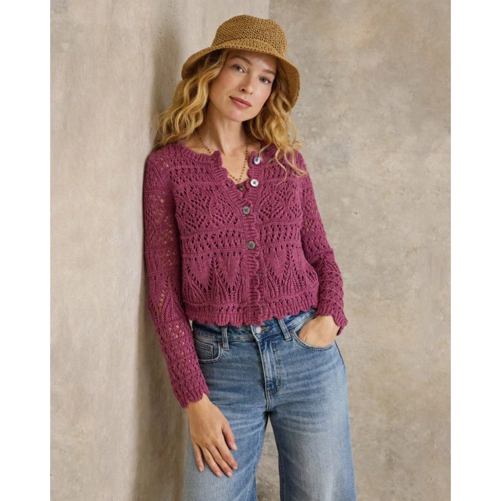 NWT Garnet Hill Organic-Cotton & Linen Crochet Cardigan Size M Dark Orchid